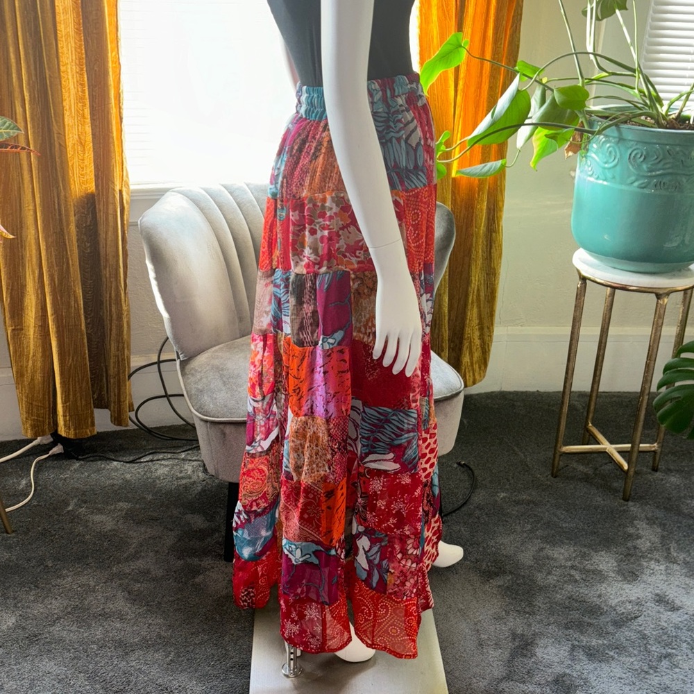 Boho Patchwork Red Tiered Maxi Skirt - Women - Picture 6 of 13